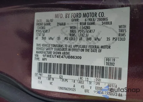 2007 Ford Explorer Eddie Bauer z USA, uszkodzony, nr VIN 1FMEU74E47UB86309